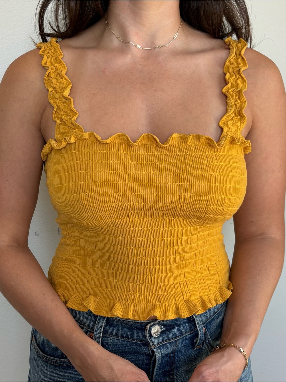 Reformation Leonore Smocked Ruffle Crop Top in Ochre - XL